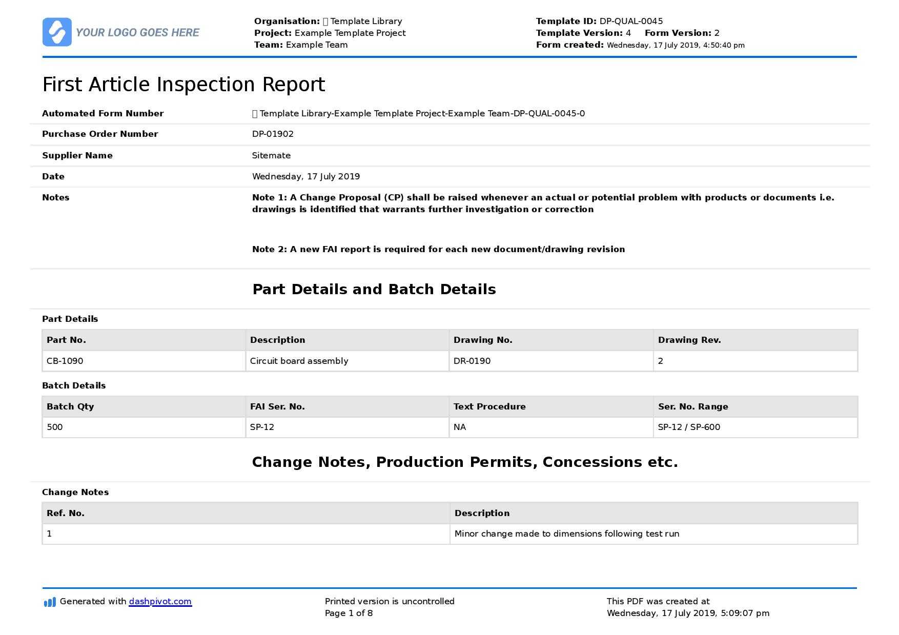 First Article Inspection Form Template: Free & Editable Inside Engineering Inspection Report Template