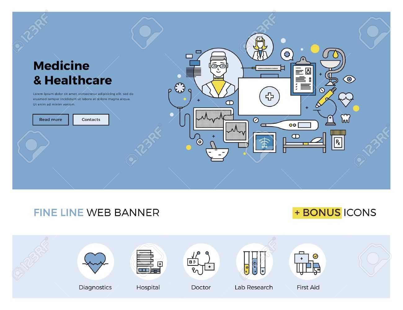 Flat Line Design Of Web Banner Template With Outline Icons Of.. Intended For Medical Banner Template