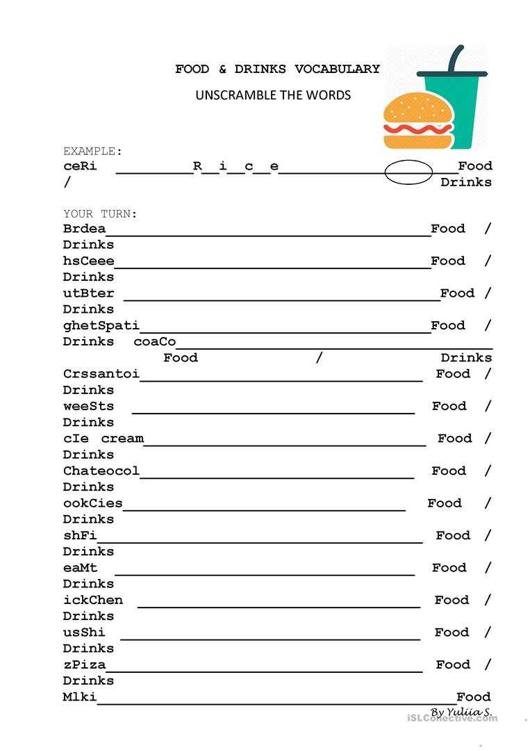 Food And Drinks Vocabulary Unscramble – English Esl Within Vocabulary Words Worksheet Template