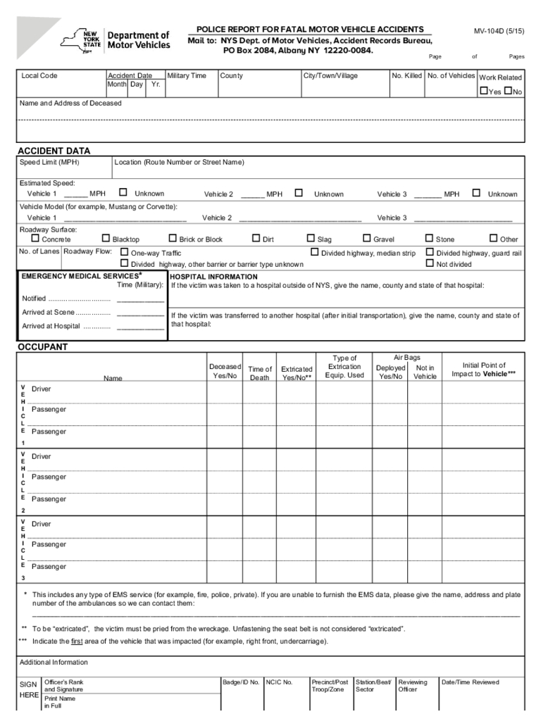 Form Mv 104D – Police Report For Fatal Motor Vehicle With Regard To Motor Vehicle Accident Report Form Template