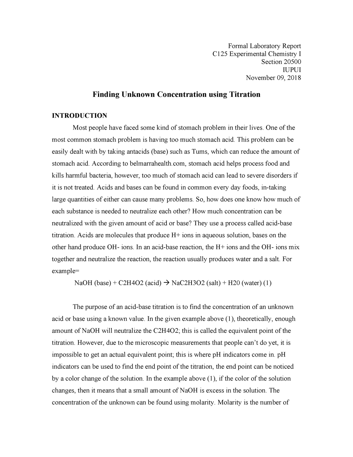 Formal Lab Report Of Vinegar Lab – Chem C125 – Iupui – Studocu Pertaining To Chemistry Lab Report Template