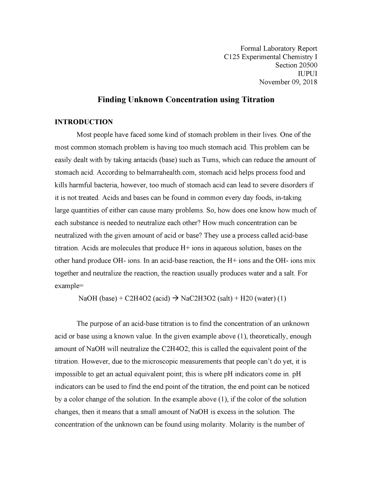 Formal Lab Report Of Vinegar Lab – Chem C125 – Iupui – Studocu Pertaining To Formal Lab Report Template