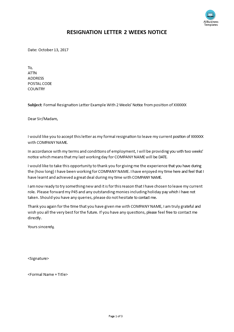 Formal Resignation Letter With 2 Weeks Notice | Templates At In Two Week Notice Template Word