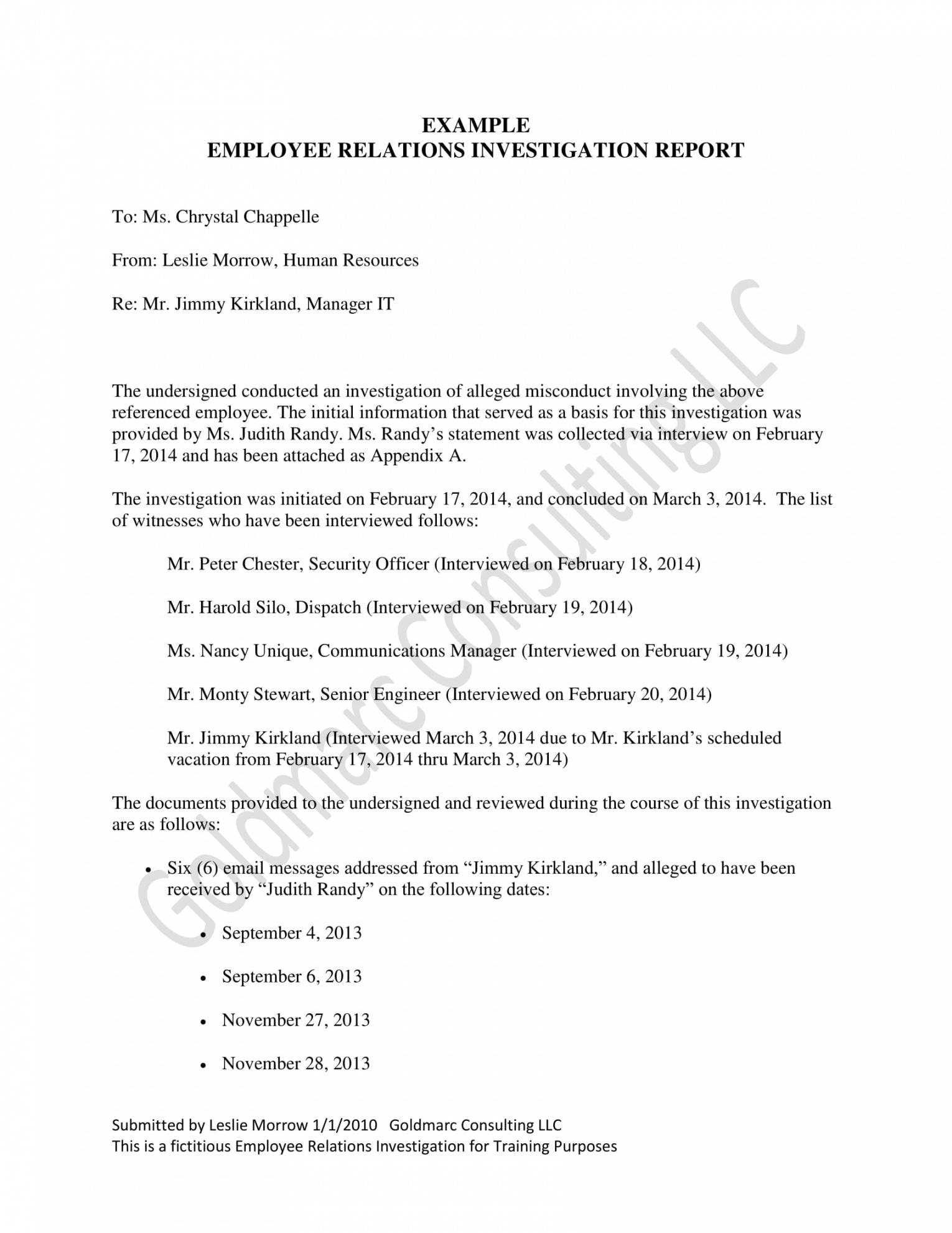 Free 10 Workplace Investigation Report Examples Pdf Examples In Hr Investigation Report Template