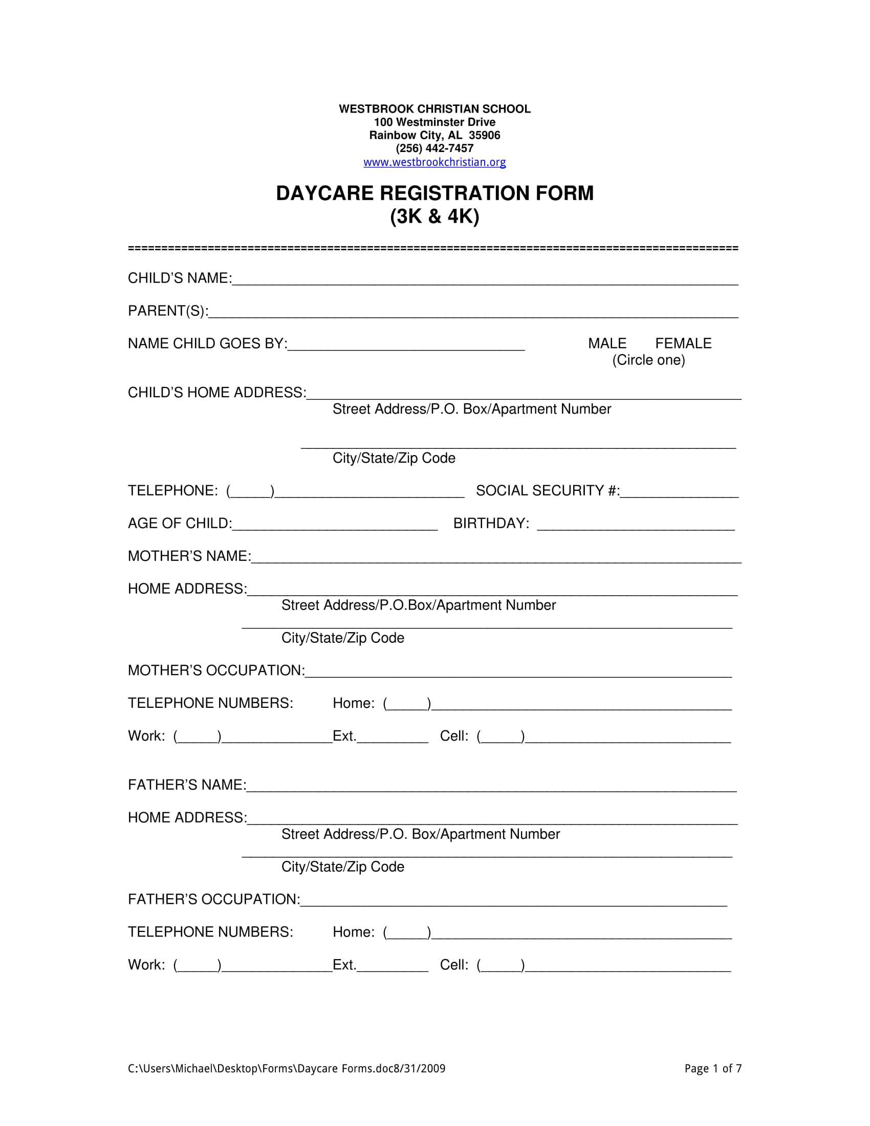 Free 11+ Daycare Registration Forms In Pdf | Ms Word Throughout School Registration Form Template Word