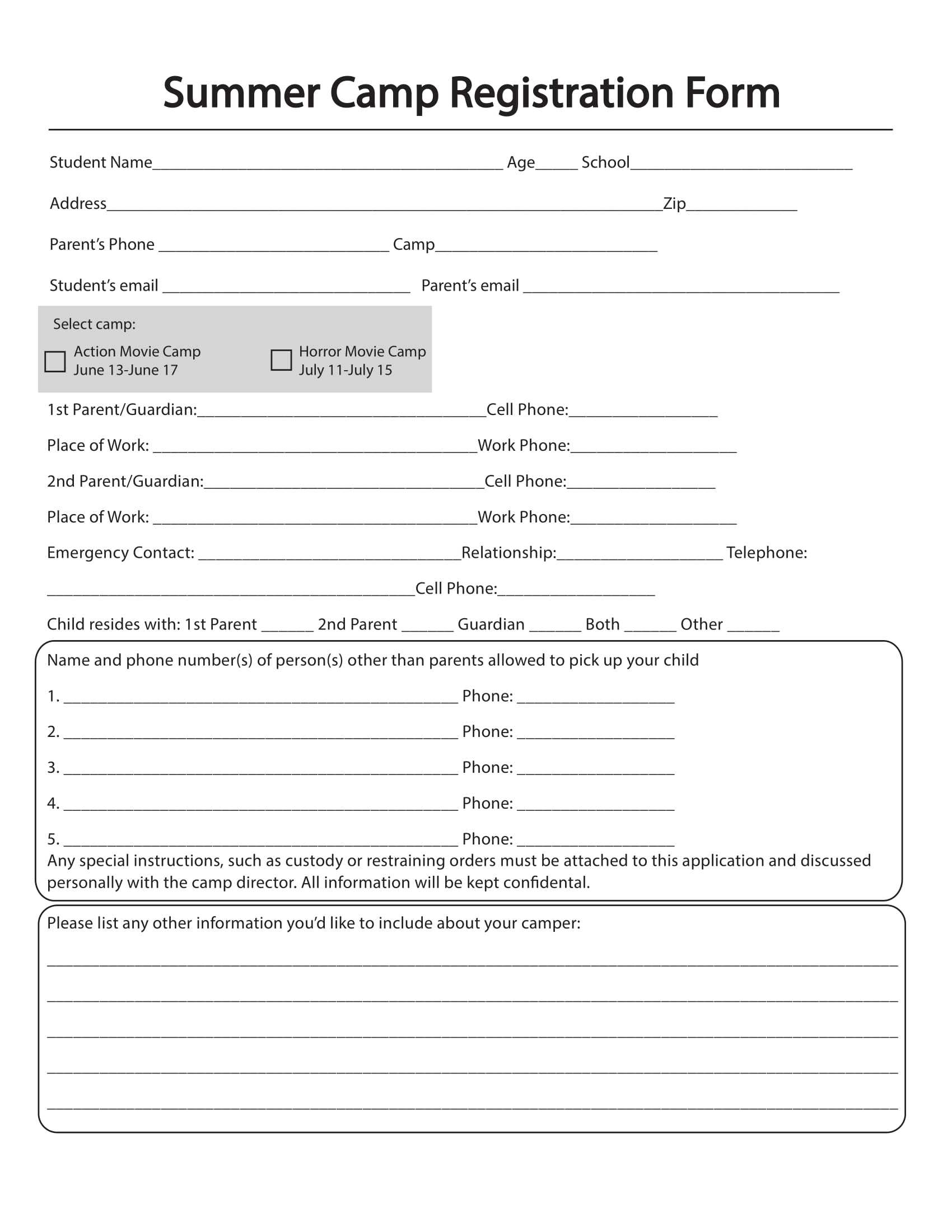 Free 11+ Printable Summer Camp Registration Forms In Pdf With Regard To School Registration Form Template Word