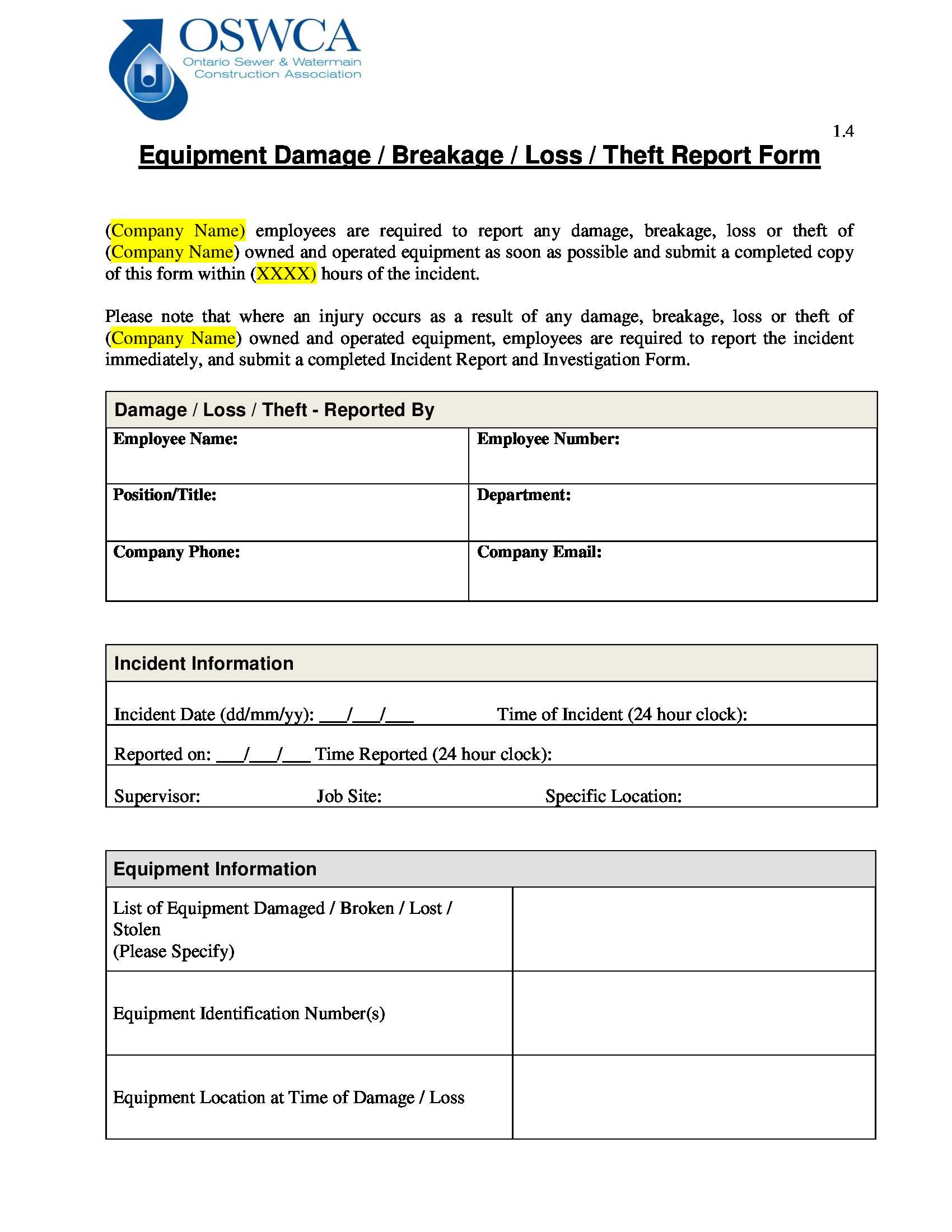 Free 6+ Breakage Report Forms In Pdf | Ms Word | Excel In Incident Report Form Template Doc