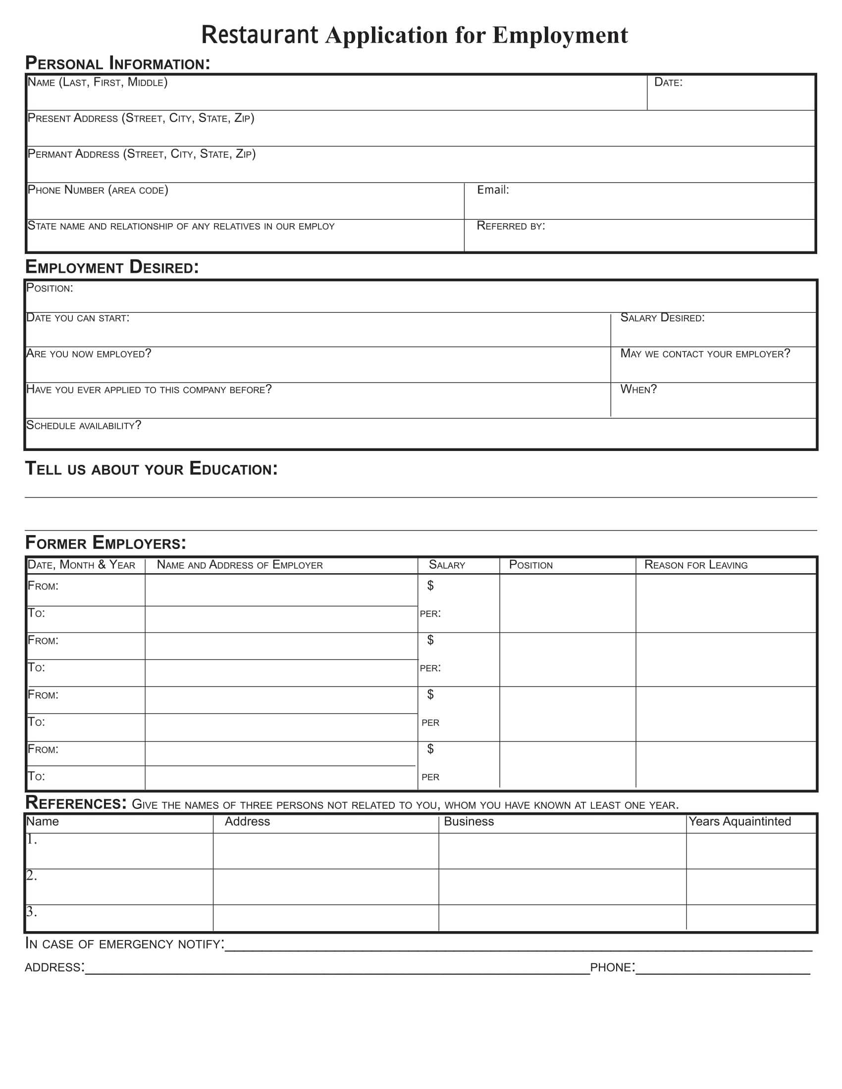 Free 8+ Restaurant Application Forms In Pdf | Ms Word Pertaining To Job Application Template Word