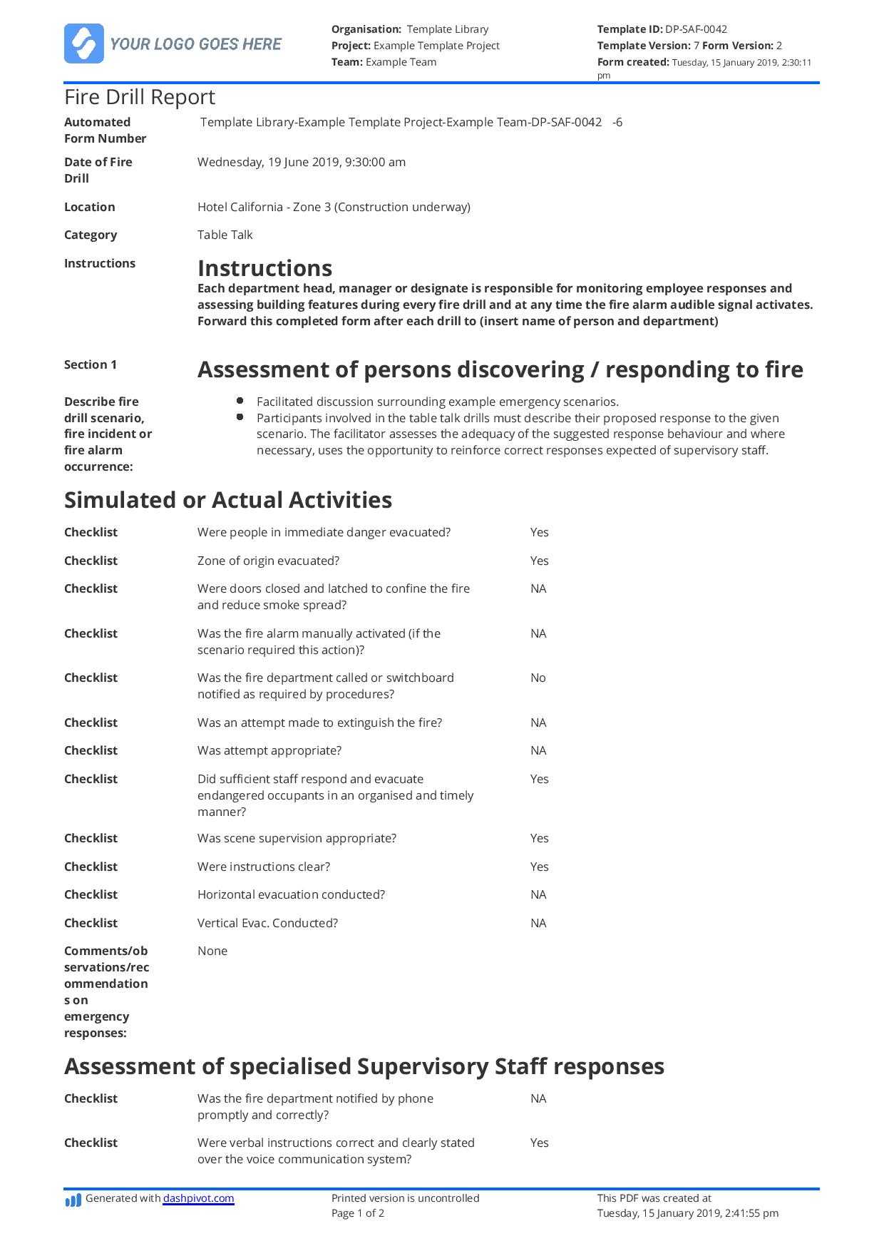 Free Fire Drill Report Template - Use, Customise, Download Inside Emergency Drill Report Template