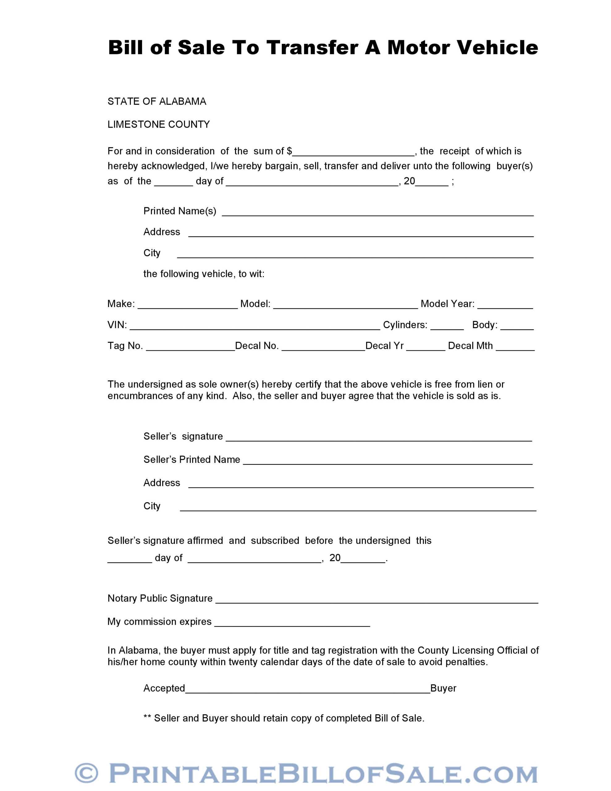 Free Limestone County Alabama Vehicle Bill Of Sale Form Within Car Bill Of Sale Word Template