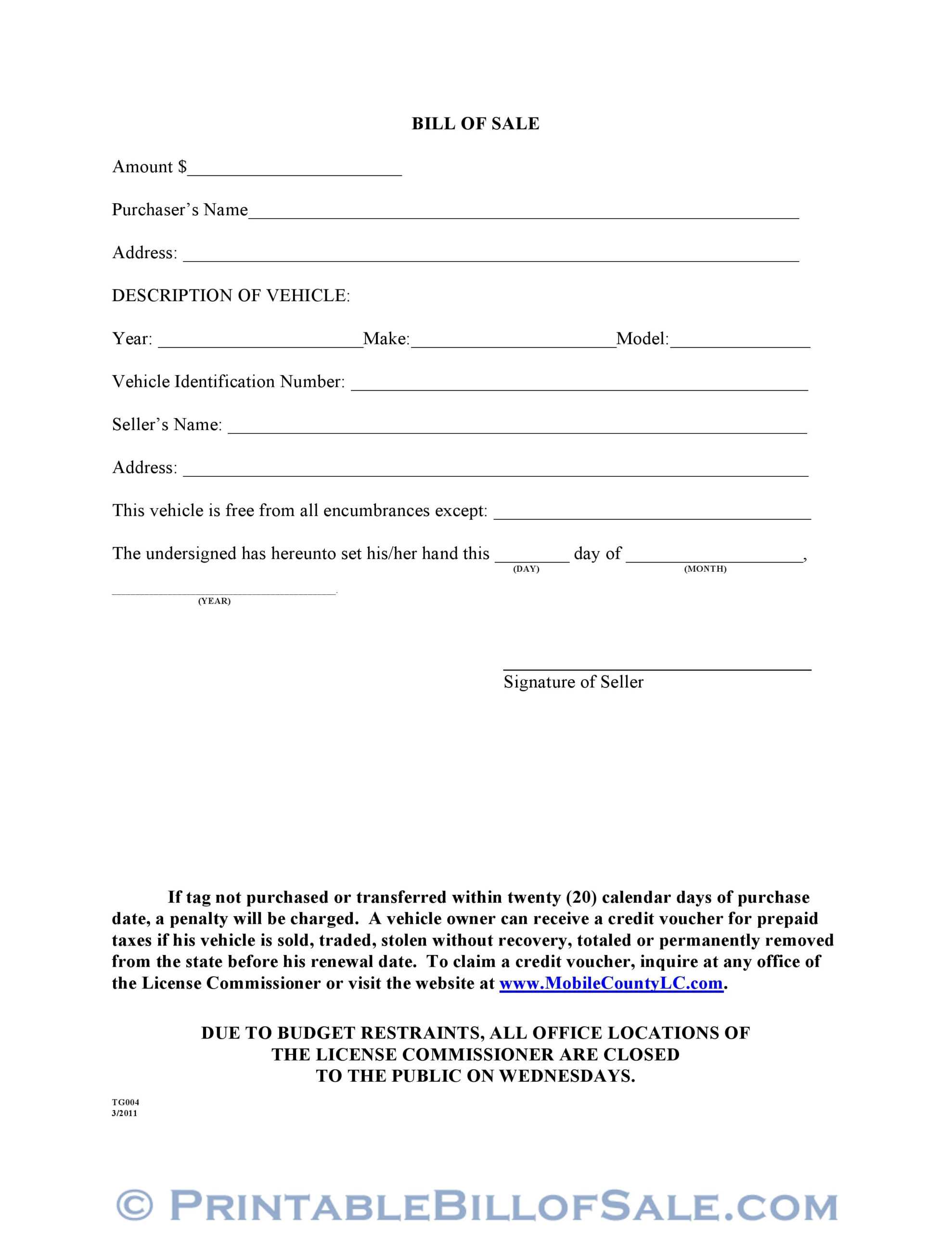 Free Mobile County Alabama Motor Vehicle Bill Of Sale Form Intended For Car Bill Of Sale Word Template