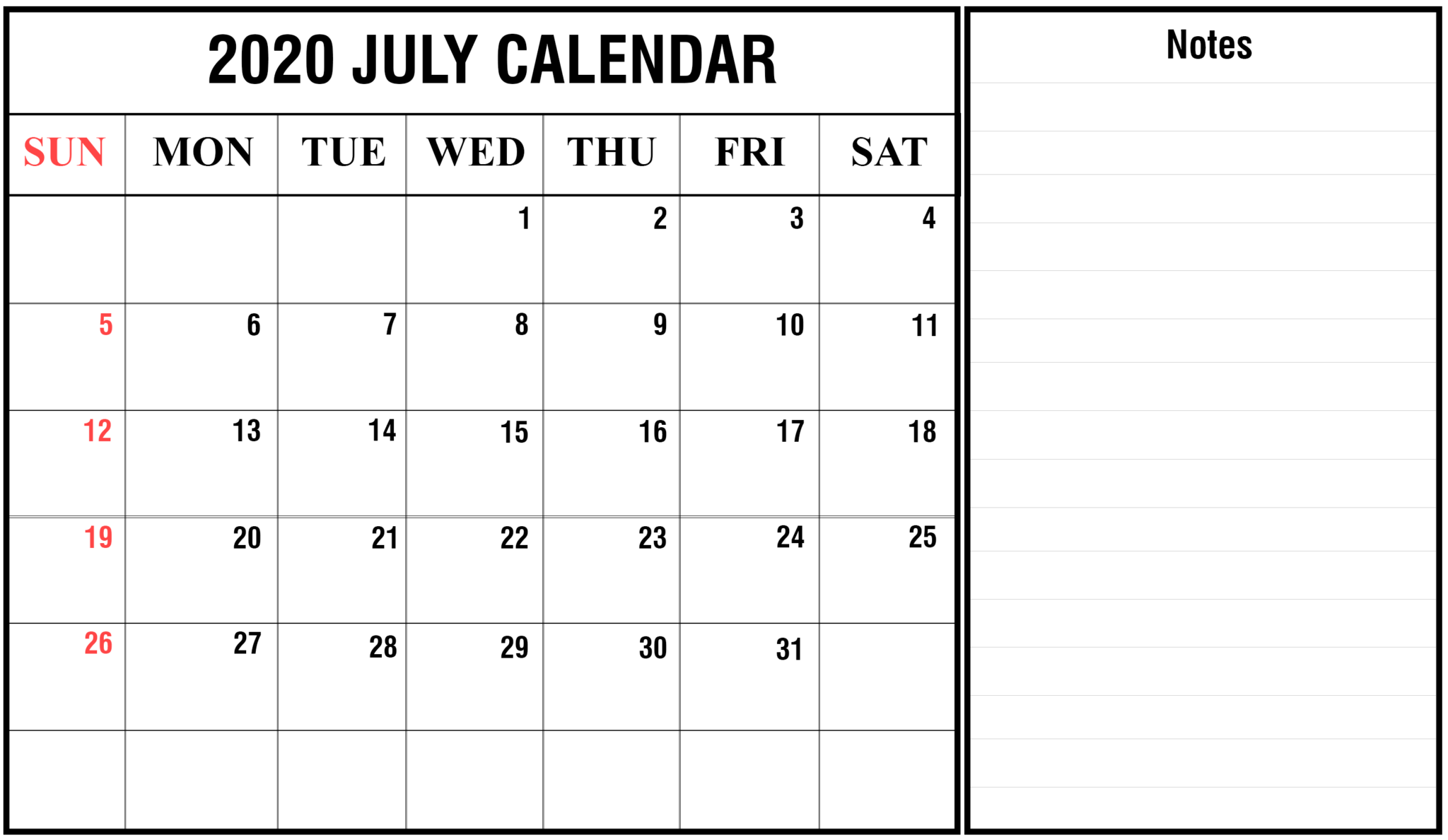 Free Monthly Printable July Calendar 2020 Blank Printable For Blank