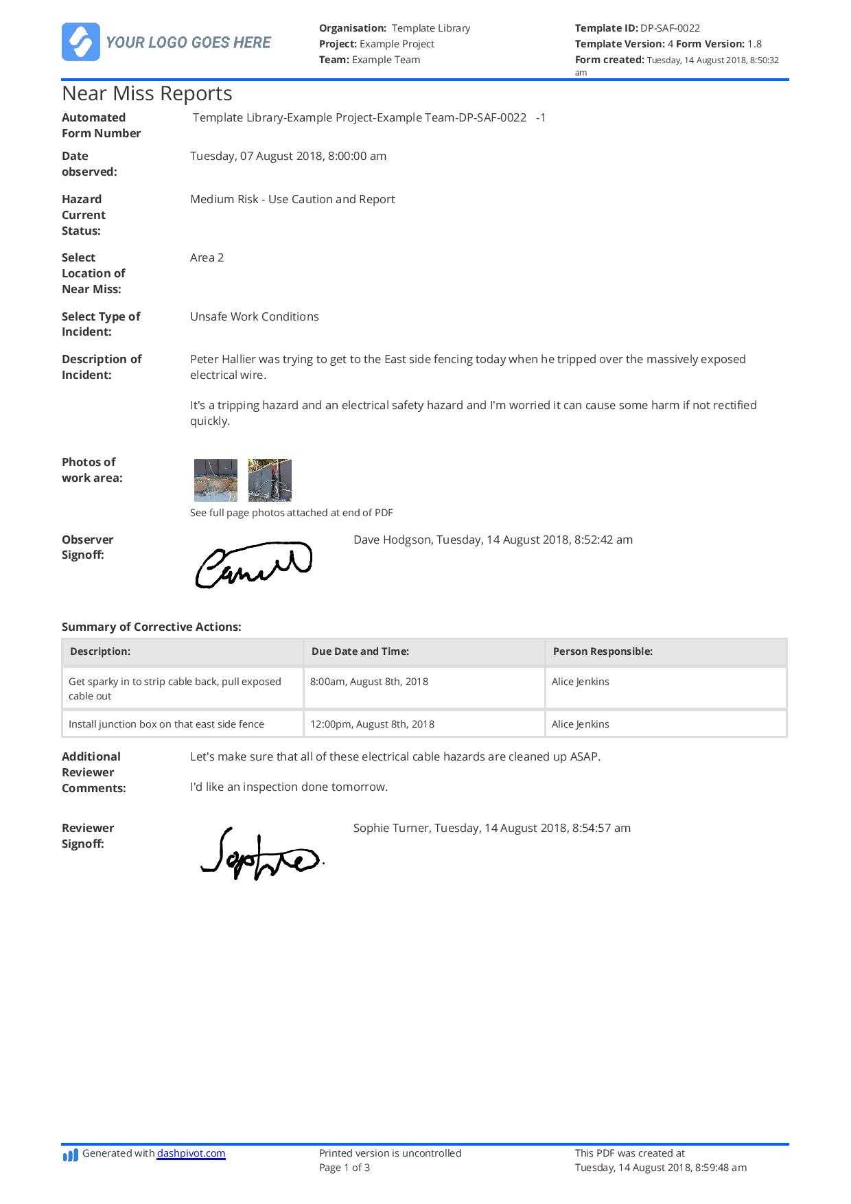 Free Near Miss Reporting Template (Easily Customisable) Inside Hazard Incident Report Form Template