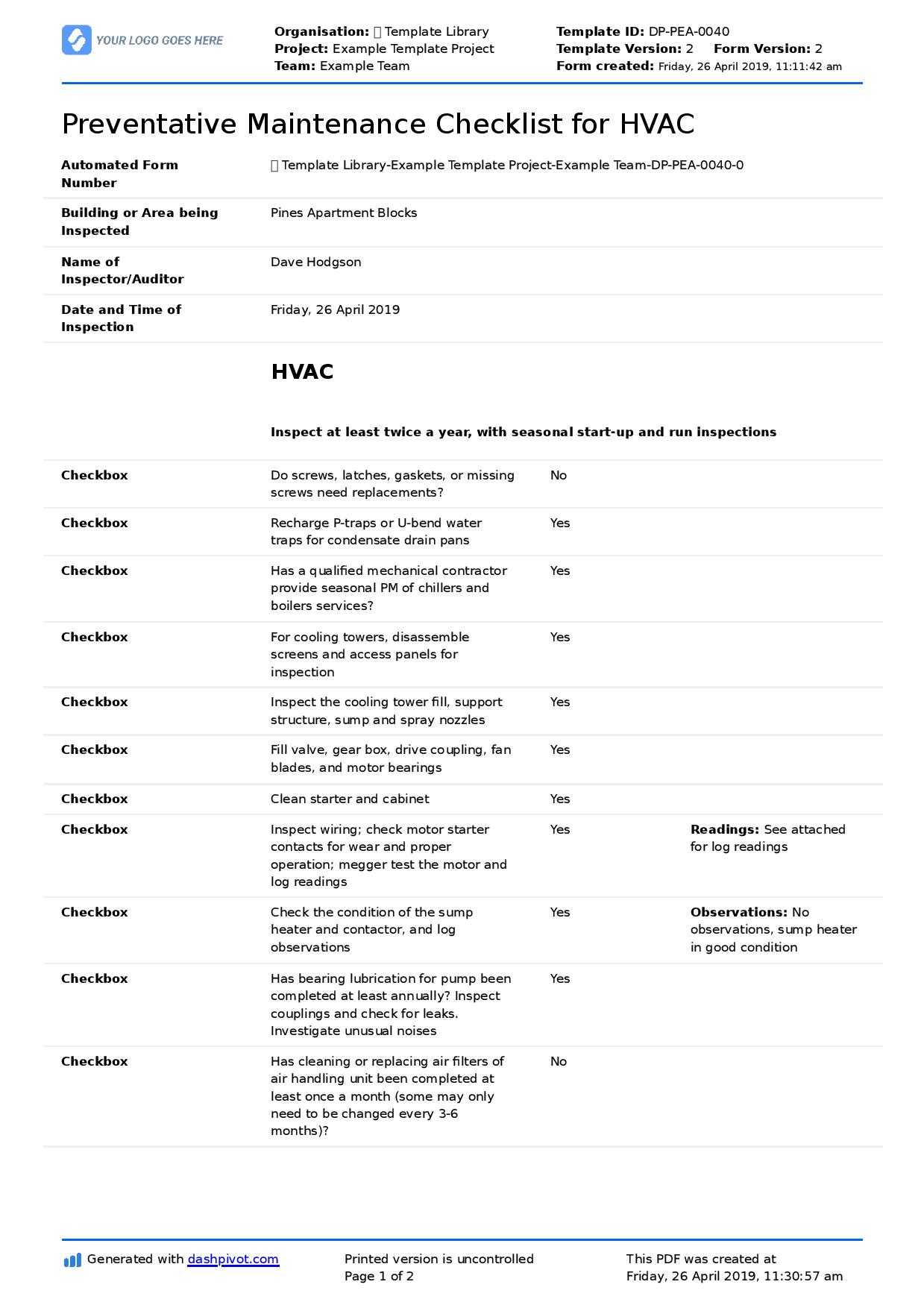 Free Preventative Maintenance Checklist For Hvac For Computer Maintenance Report Template