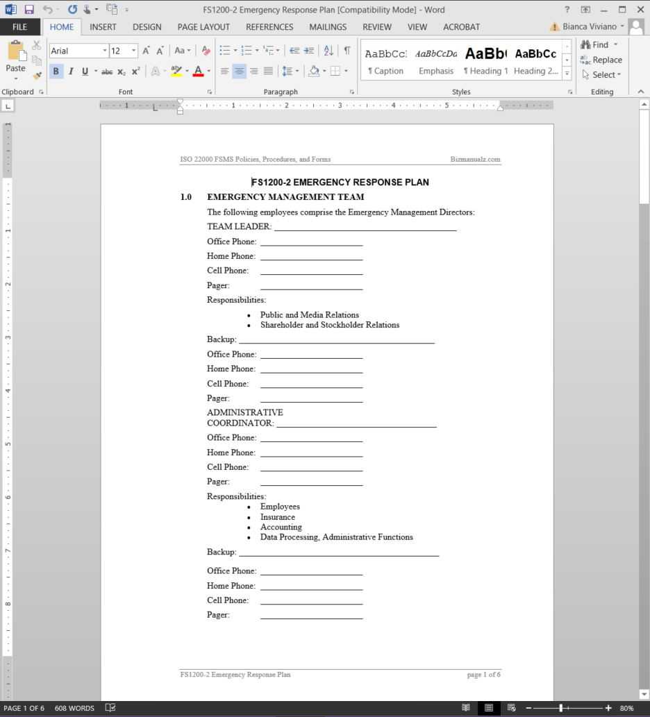 Fsms Emergency Response Plan Template | Fds1200 2 Intended For Emergency Drill Report Template