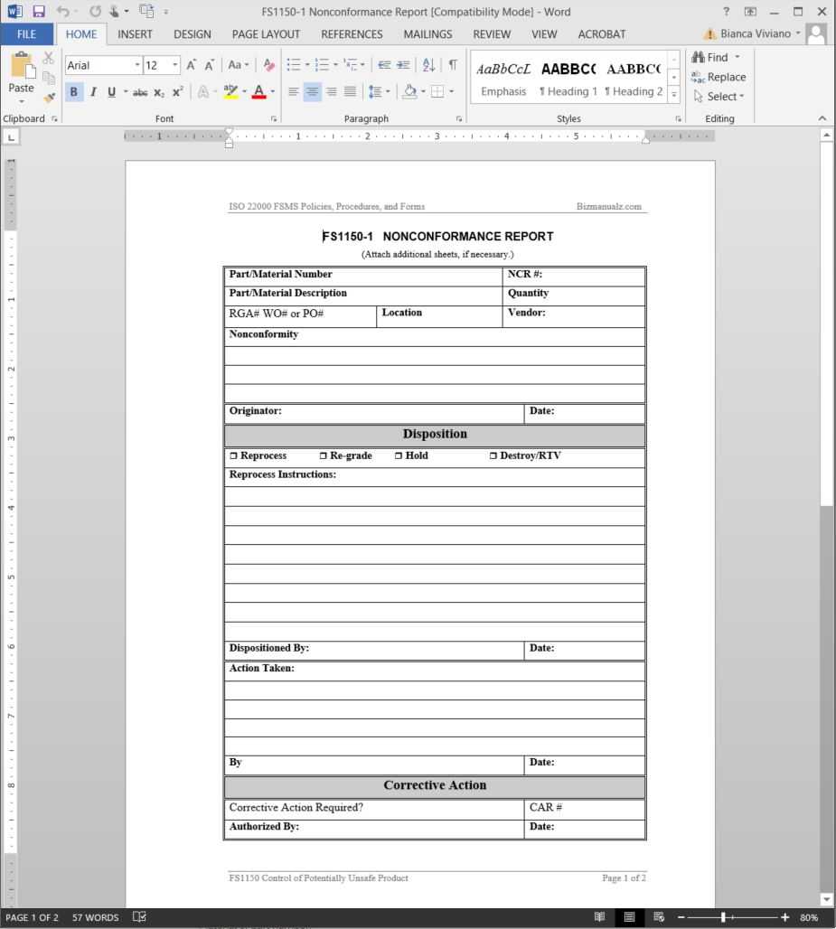 Fsms Nonconformance Report Template | Fds1150 1 Throughout Non Conformance Report Template