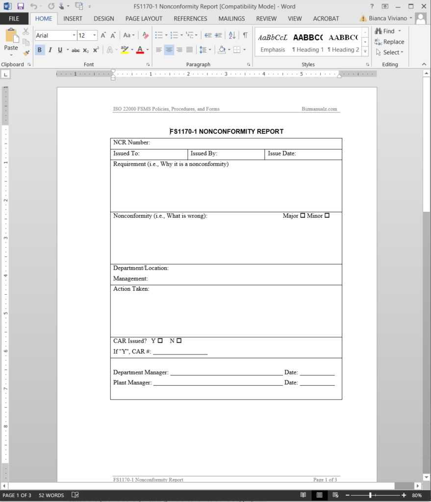 Fsms Nonconformity Report Template | Fds1170 1 With Regard To Ncr Report Template