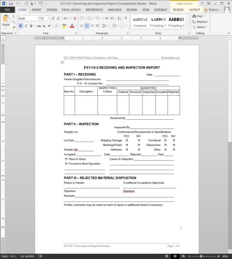 Fsms Receiving Inspection Report Template | Fds1110 2 With Part Inspection Report Template