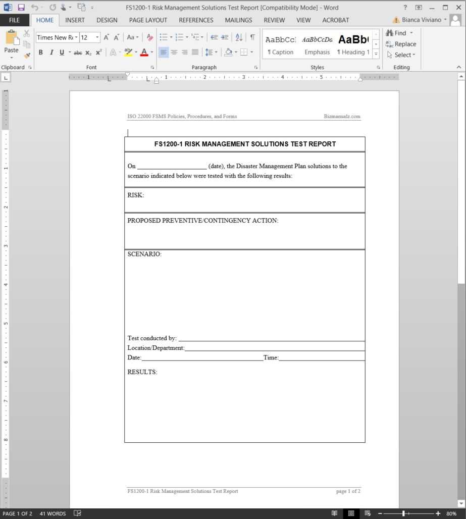 Fsms Risk Management Solutions Test Report Template | Fds1200 1 For Test Template For Word