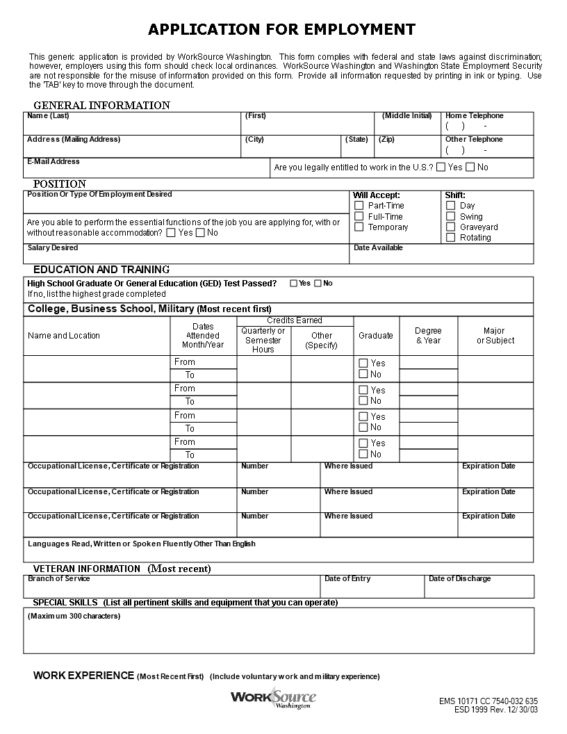 General Employment Application Template | Templates At In Employment Application Template Microsoft Word