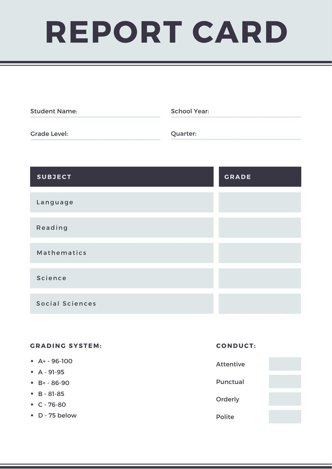 Gray Simple Homeschool Report Card – Templatescanva Throughout Homeschool Report Card Template