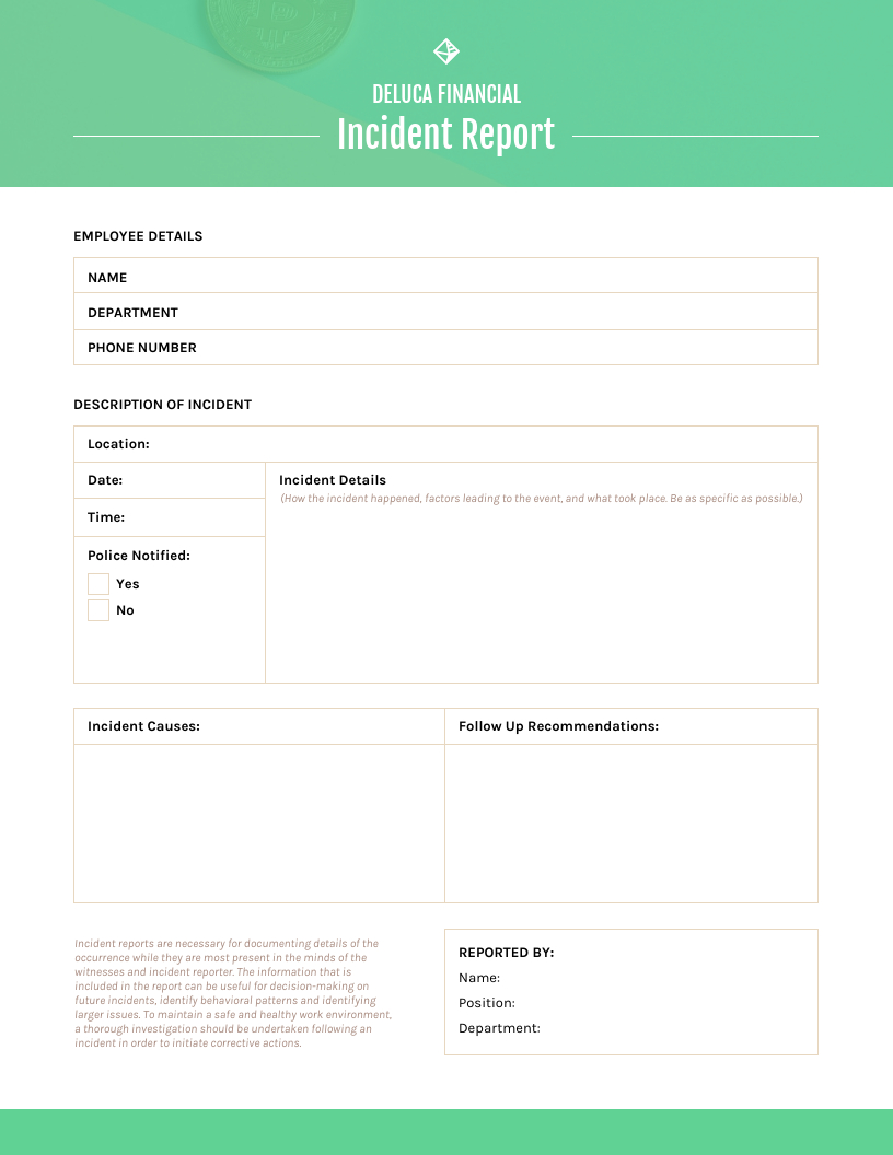 Green Incident Report Template In Computer Incident Report Template