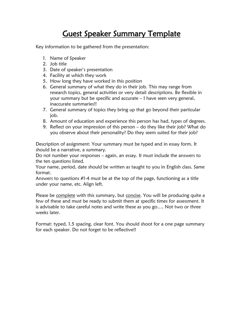 Guest Speaker Summary Template Intended For One Page Book Report Template