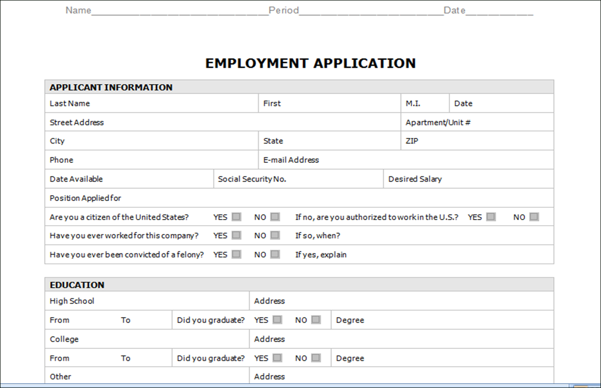 Handout – Employment Application With Regard To Employment Application Template Microsoft Word