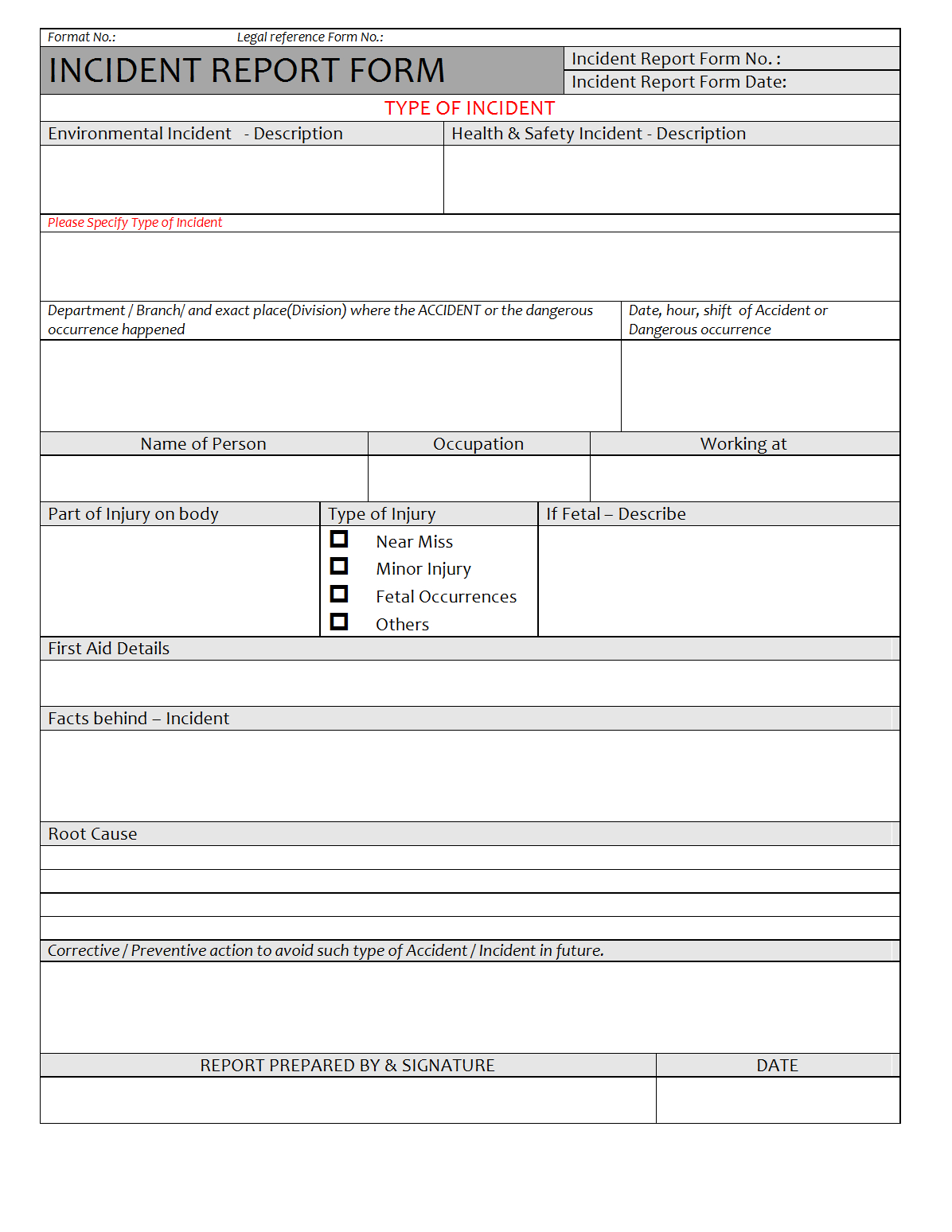 Incident Report Form – For Health And Safety Incident Report Form Template