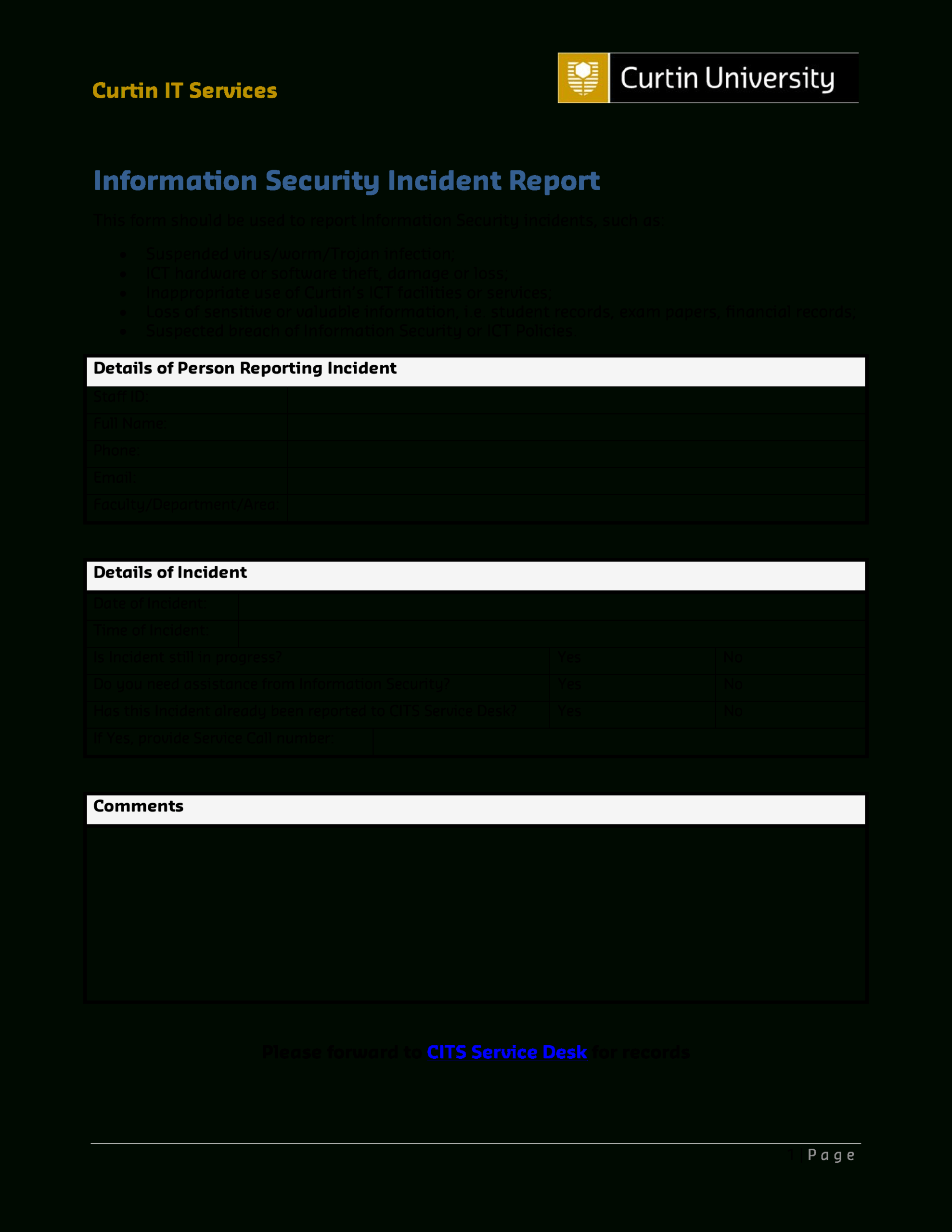 It Services Security Incident Report | Templates At Within It Incident Report Template