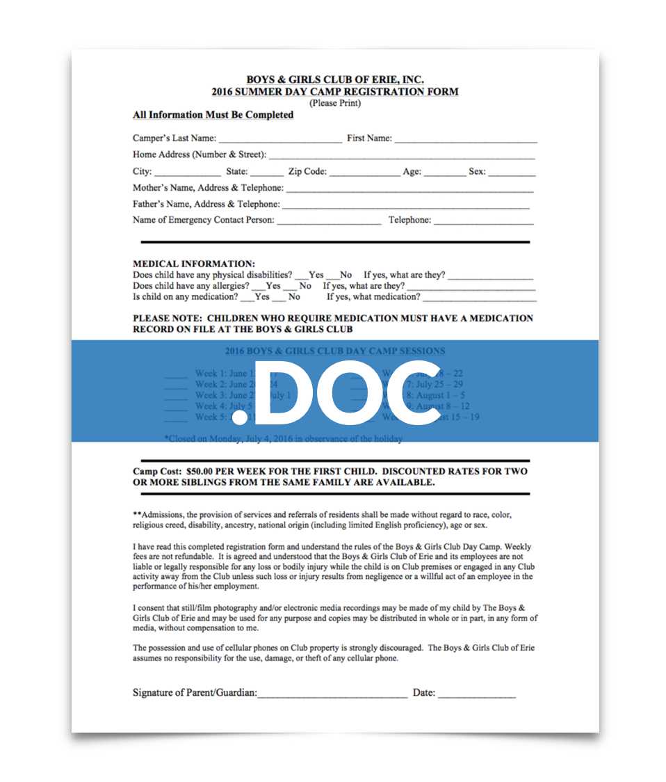Join The Club — Boys & Girls Club Of Erie Regarding Camp Registration Form Template Word