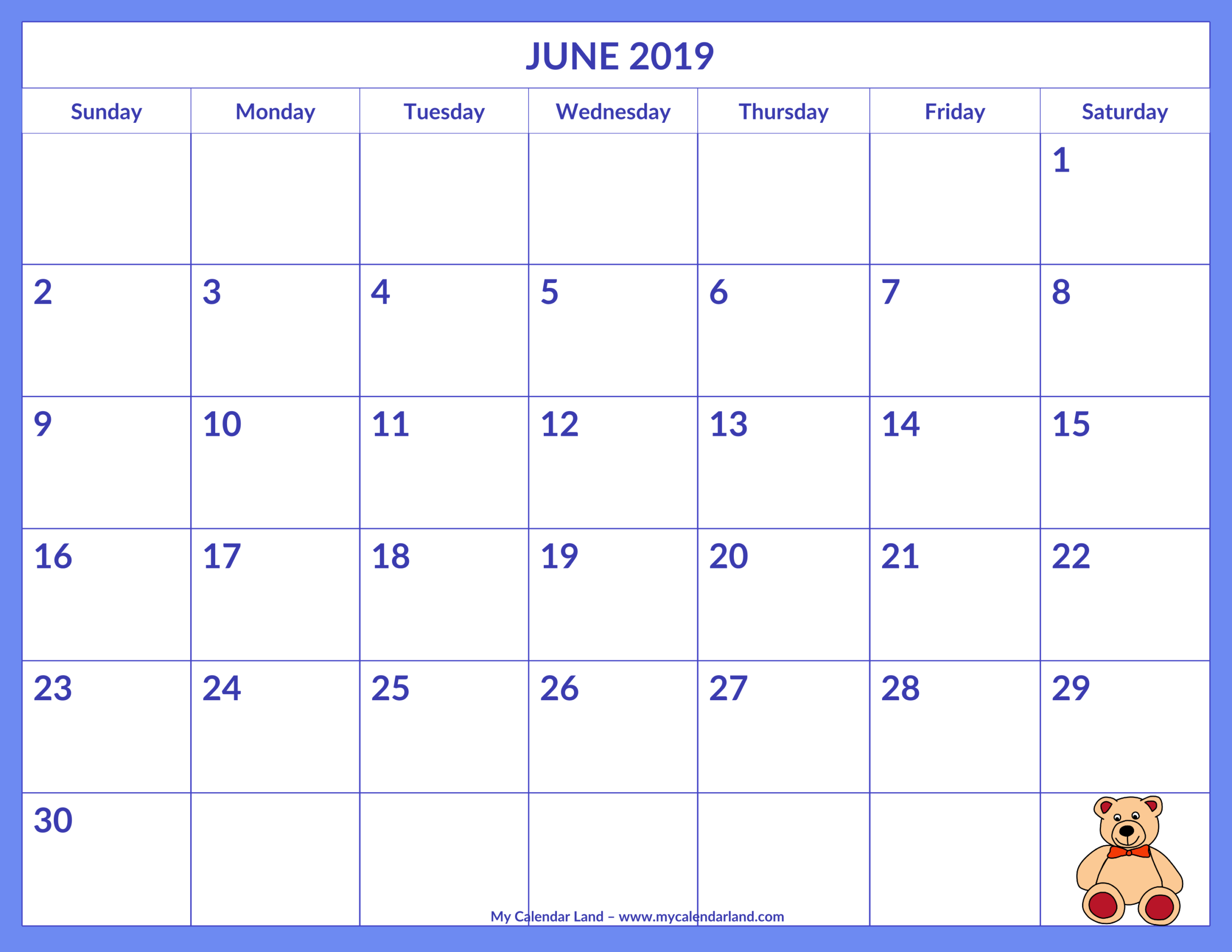 June 2019 Calendar – My Calendar Land With Blank Calendar Template For Kids