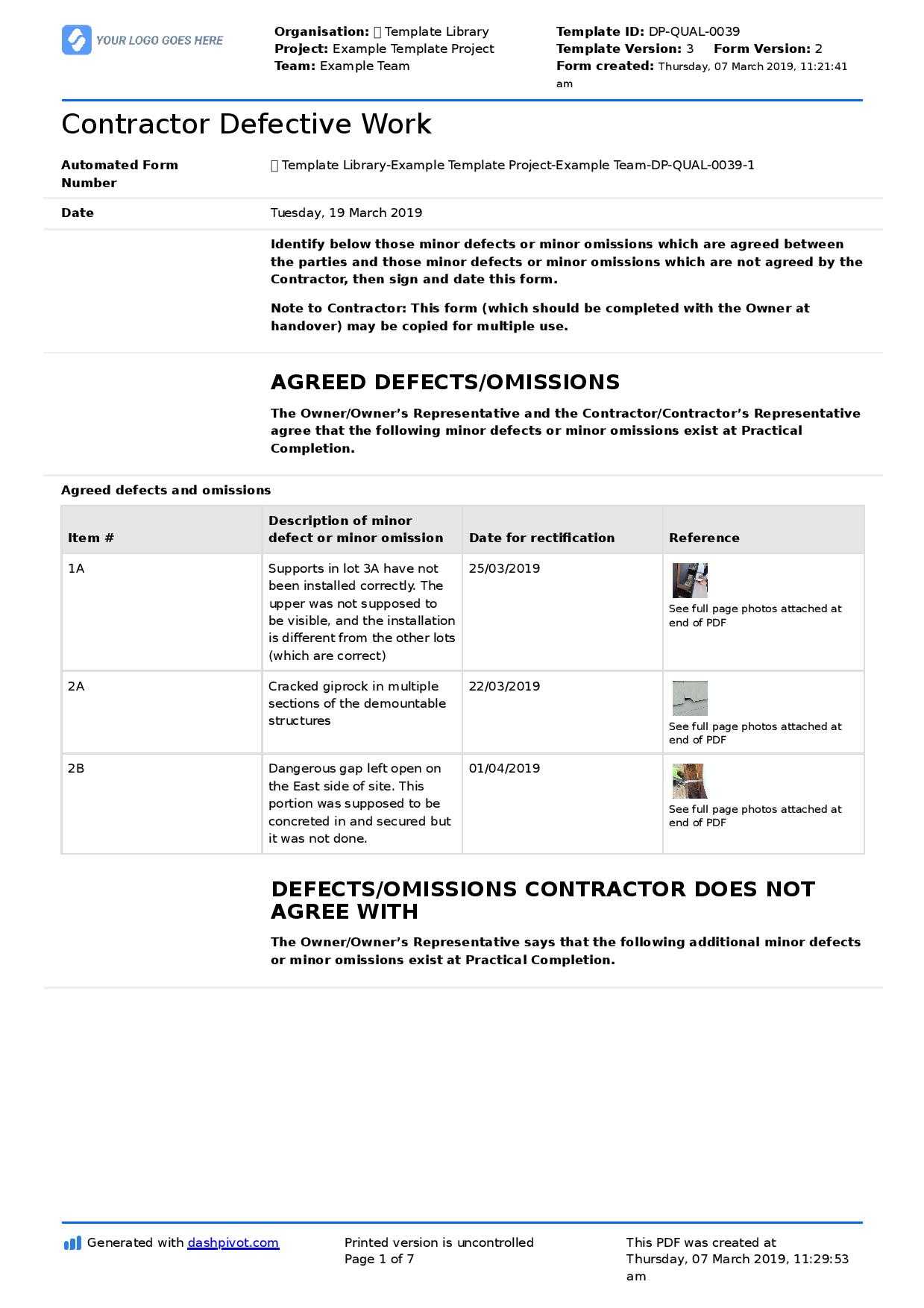 Letter To Contractor For Defective Work: Sample Letter And Throughout Building Defect Report Template