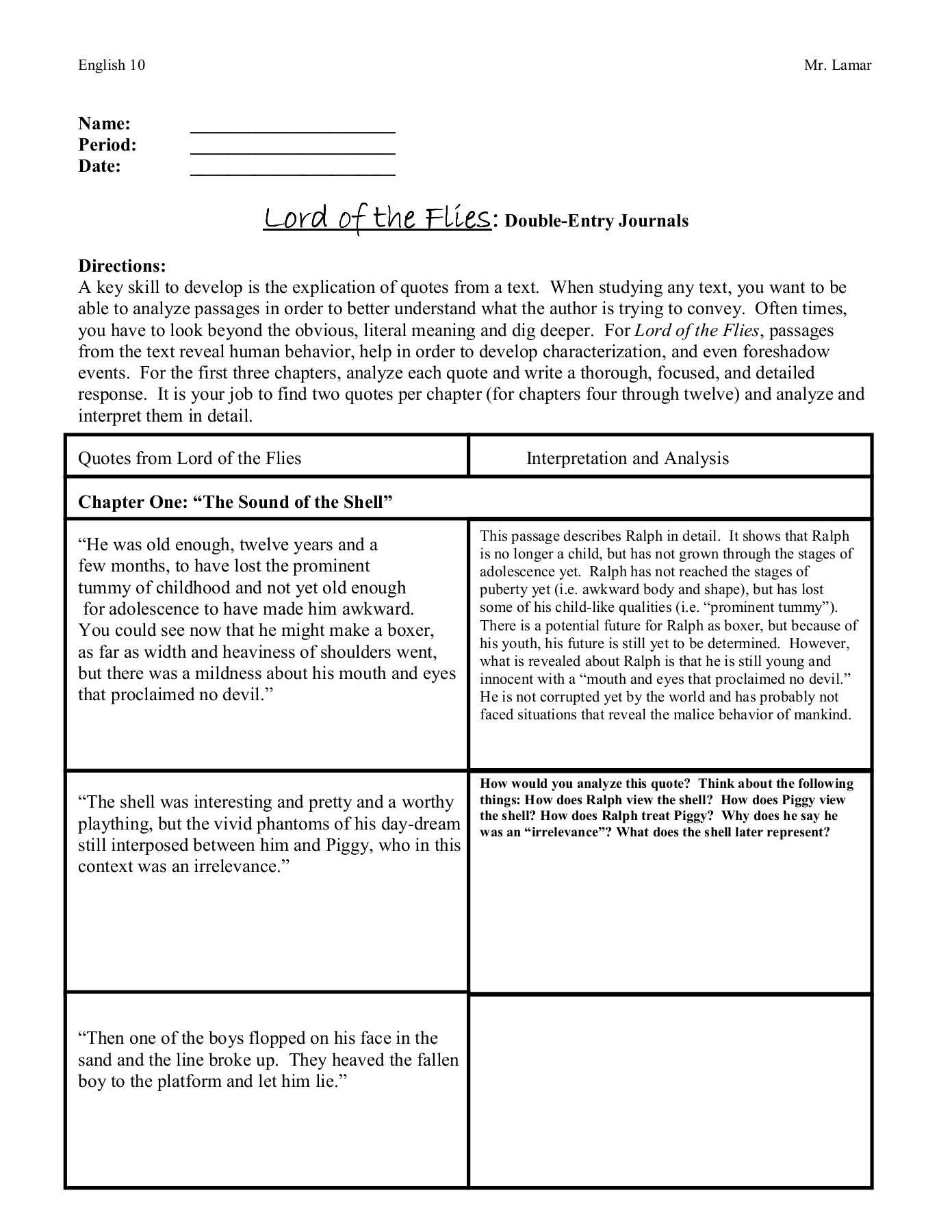Lord Of The Flies:::: Double Entry Journals Pages 1 – 10 Inside Double Entry Journal Template For Word