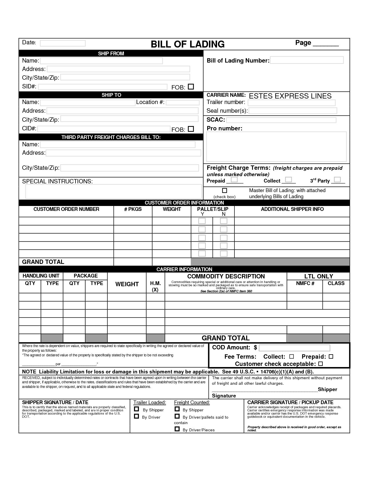 Maersk Line Bill Of Lading Form | Bill Of Lading Form Templates With Regard To Blank Bol Template