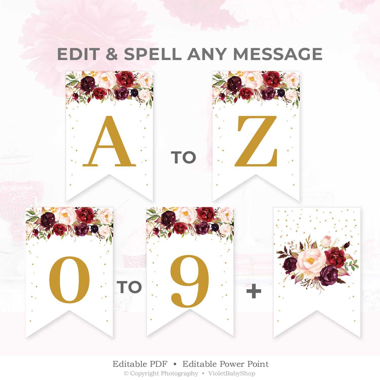 Marsala Custom Party Banner Template, Printable Burgundy Floral Pennant,  Blush Floral Baby Shower Banner Template Instant Download Mgfs6 In Staples Banner Template