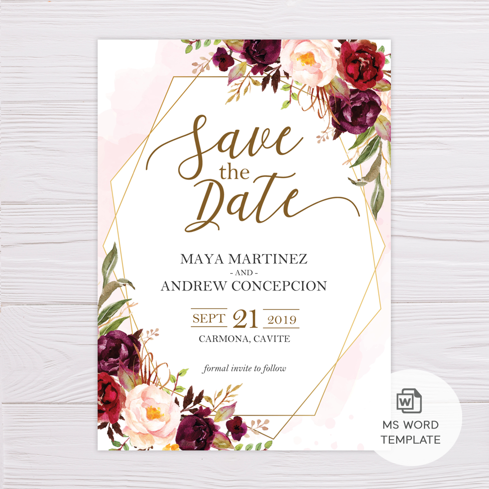 Marsala Flowers With Gold Frame Save The Date Template Regarding Save The Date Template Word