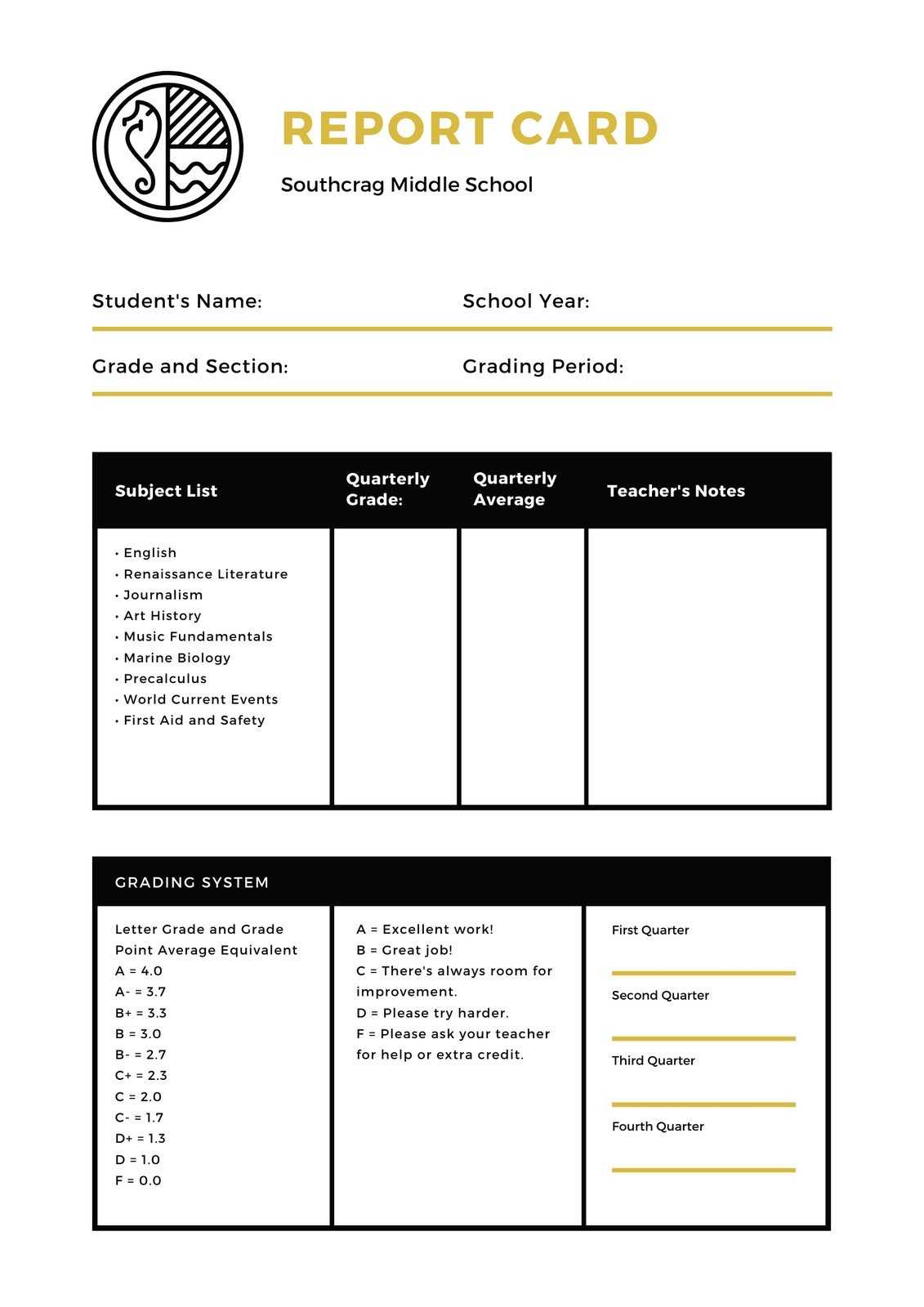 Middle School Report Card – Templatescanva With Report Card Template Middle School