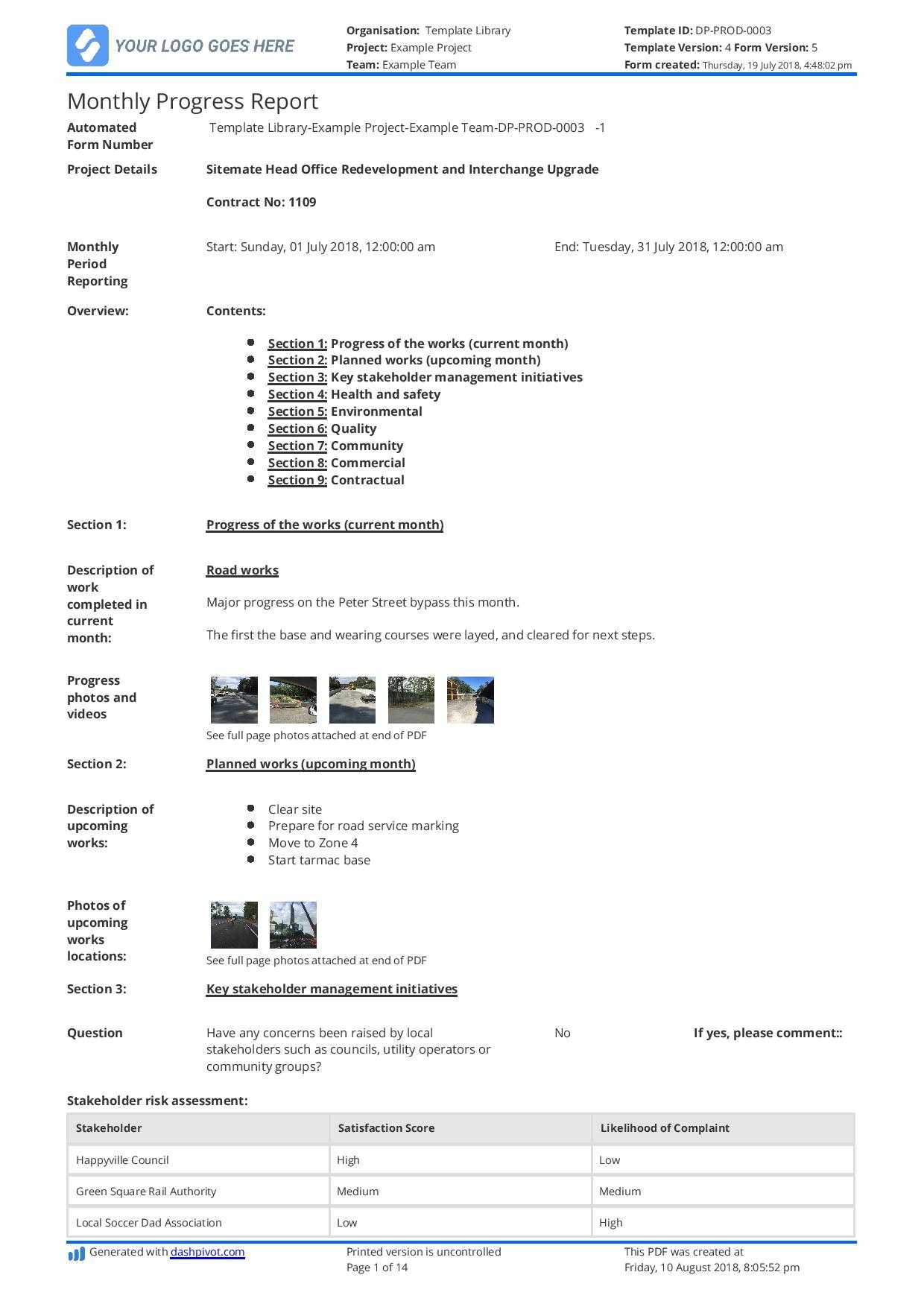 Monthly Construction Progress Report Template: Use This With Site Progress Report Template