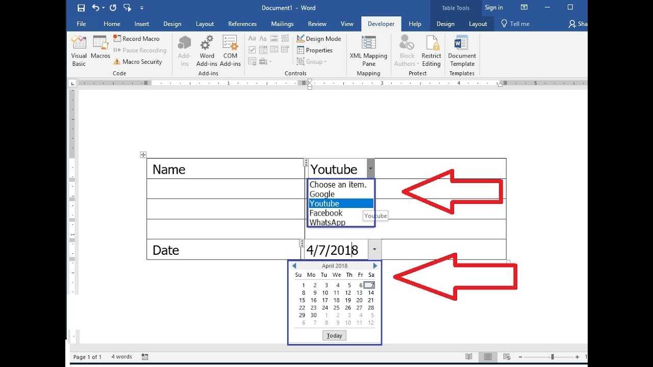 Ms Word: How To Create Drop Down List Of Date Calendar & Name Inside Word 2010 Templates And Add Ins