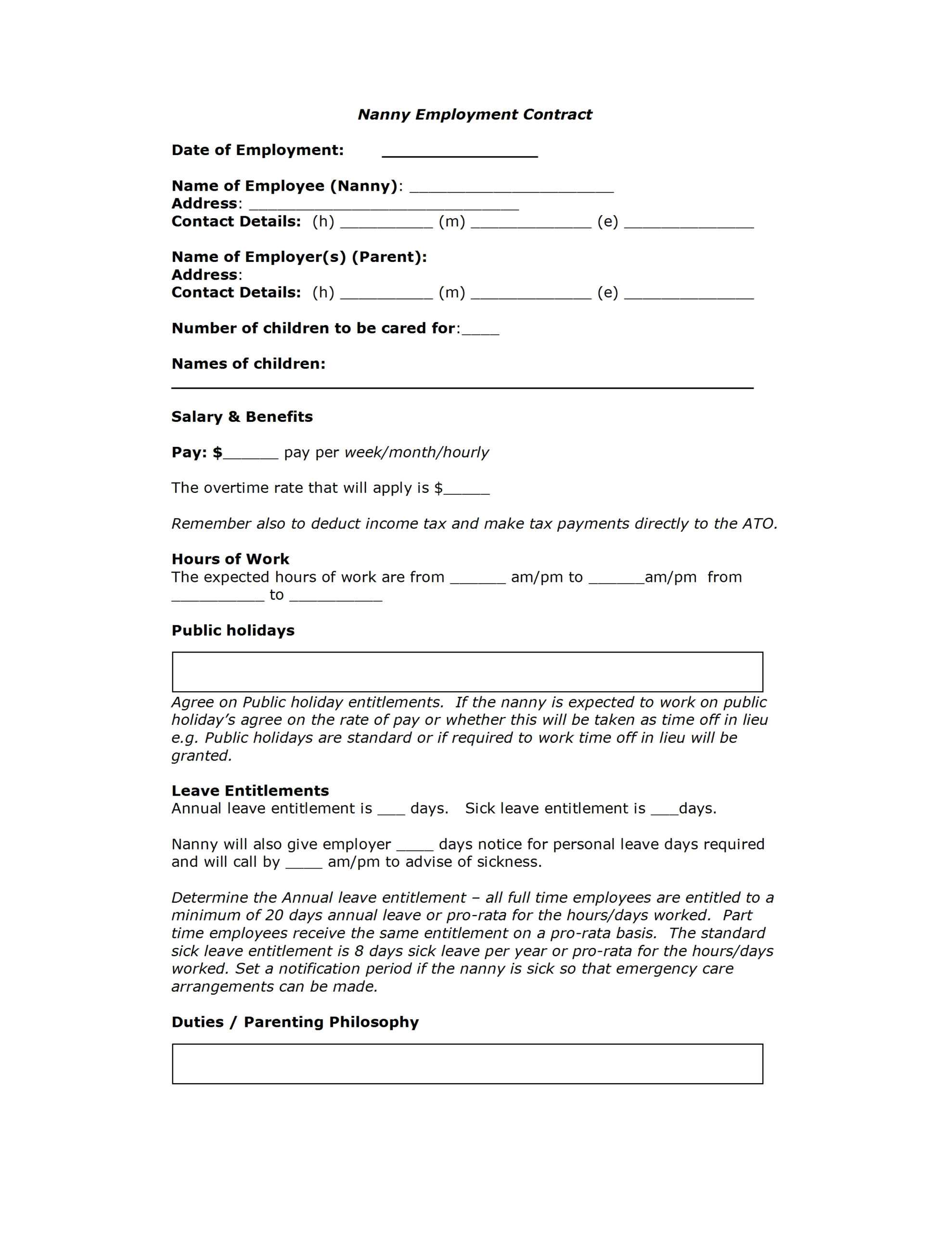 Nanny Contract Template Throughout Nanny Contract Template Word