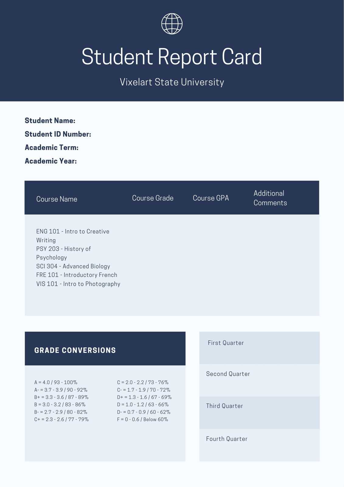 Navy Blue College Report Card – Templatescanva Within College Report Card Template