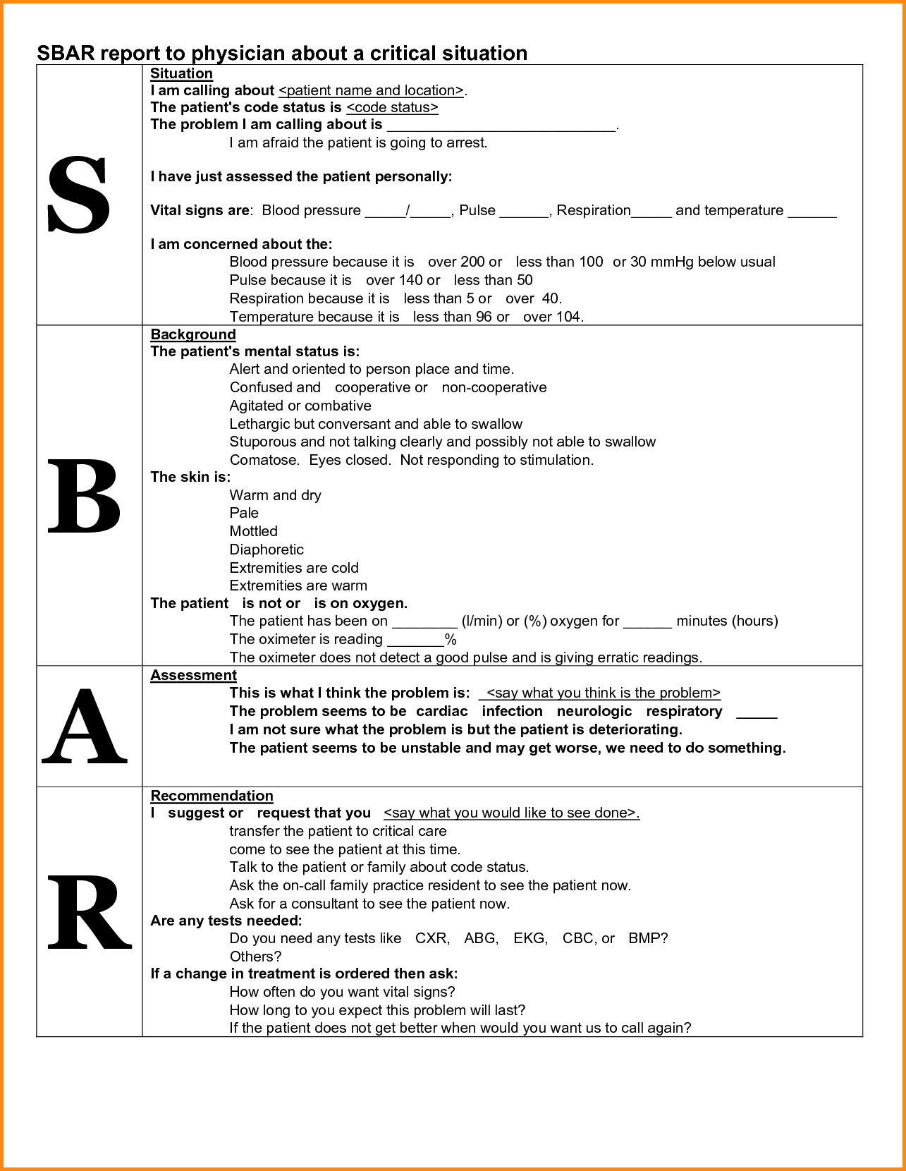 Nursing Worksheet Word Document | Printable Worksheets And With Regard To Sbar Template Word
