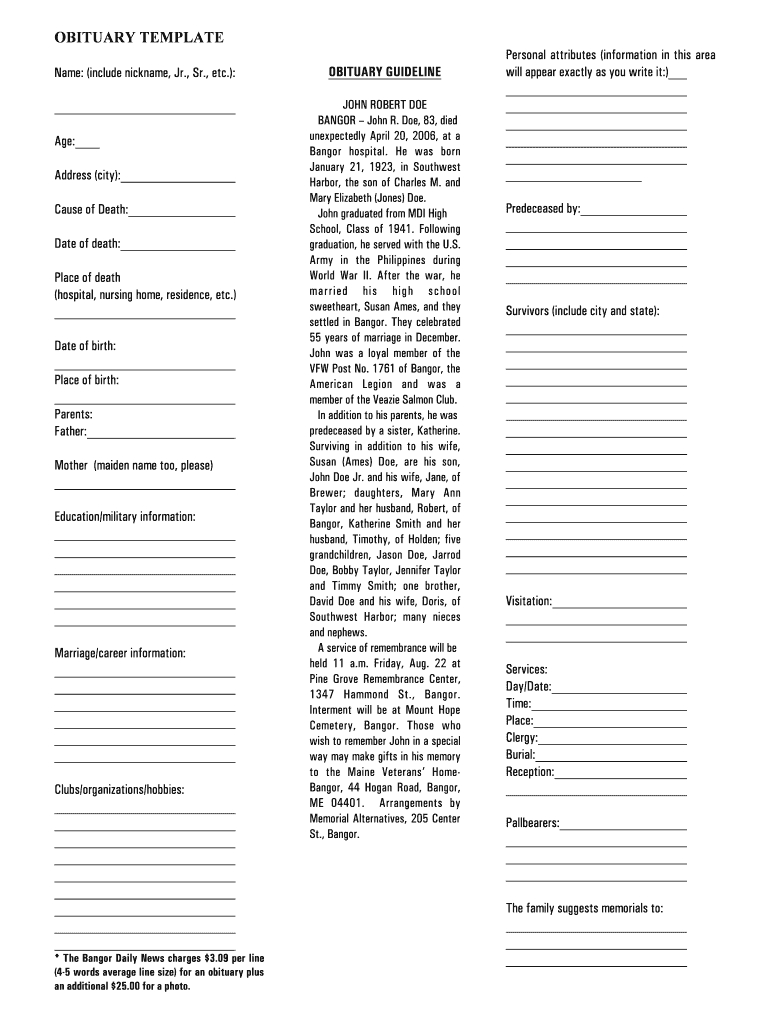 Obituary Template – Fill Online, Printable, Fillable, Blank With Regard To Obituary Template Word Document