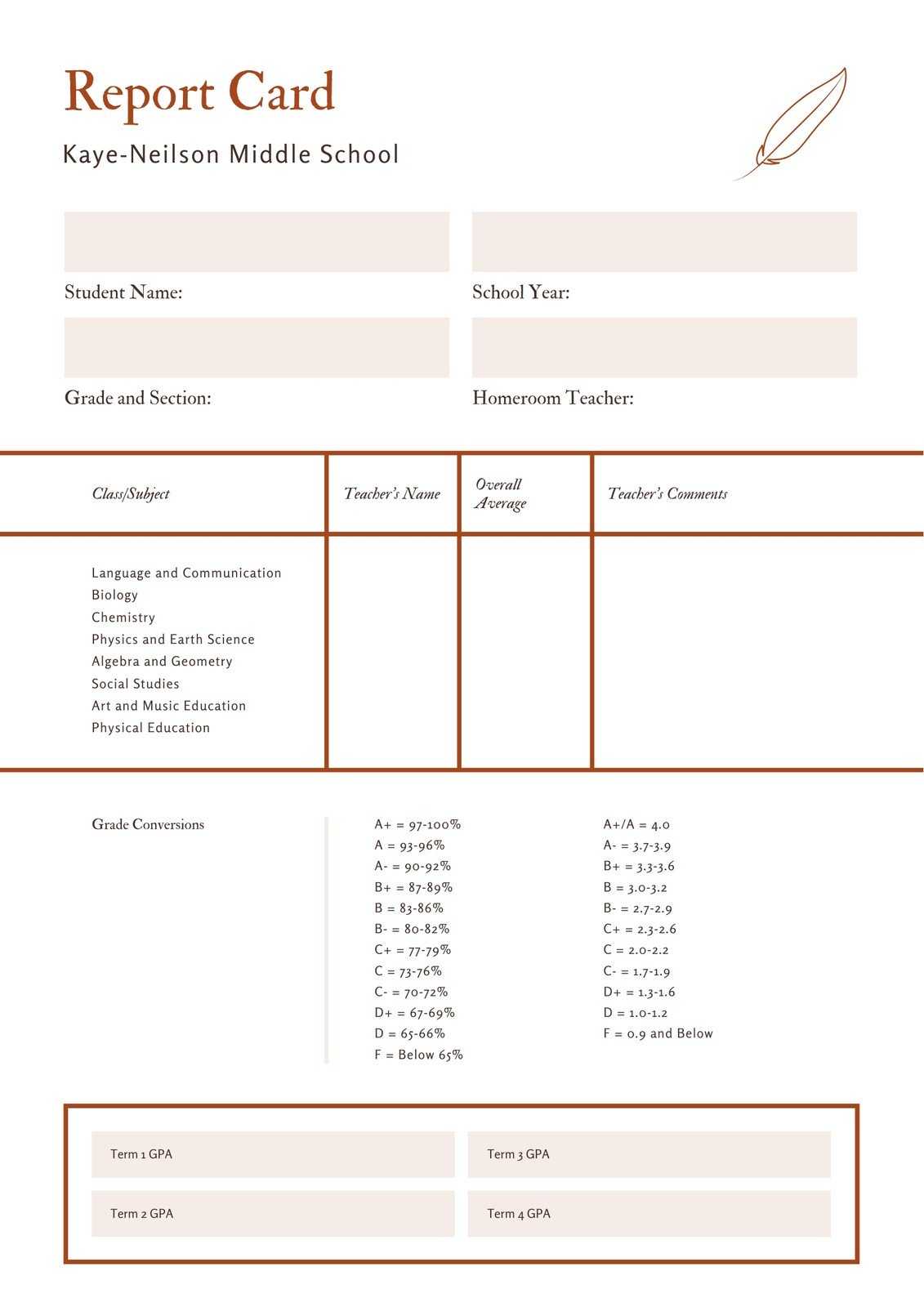 Orange And White Paper And Quill Middle School Report Card Throughout Report Card Template Middle School