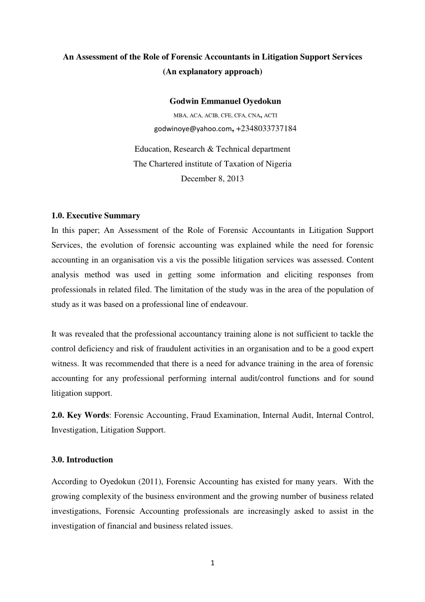 Pdf) An Assessment Of The Role Of Forensic Accountants In Intended For Forensic Accounting Report Template