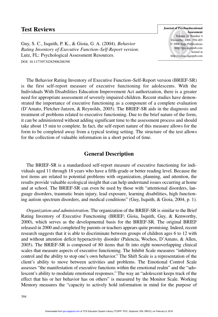 Pdf) Test Review: Behavior Rating Inventory Of Executive Inside Psychoeducational Report Template