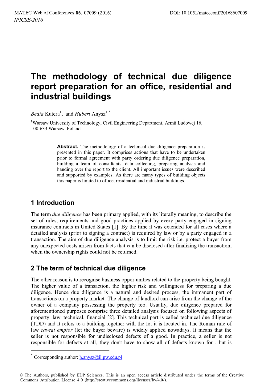 Pdf) The Methodology Of Technical Due Diligence Report With Regard To Vendor Due Diligence Report Template
