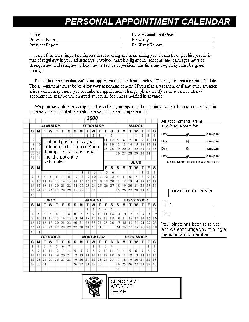Personal Appointment Calender | Templates At Throughout Chiropractic X Ray Report Template