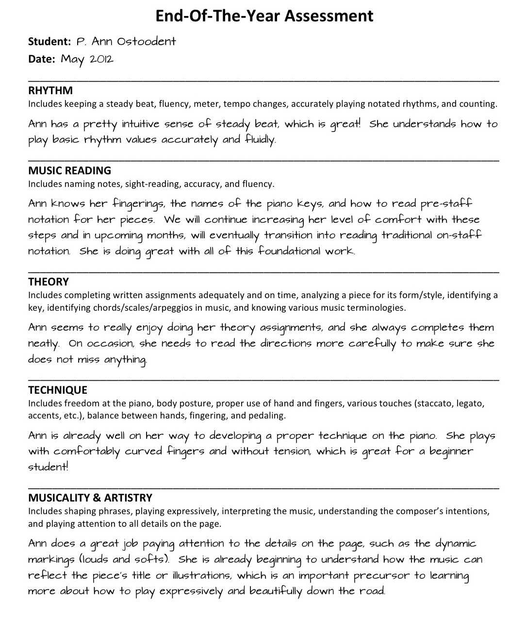 Piano Student End Of The Year Evaluations – Color In My Piano Intended For Pupil Report Template
